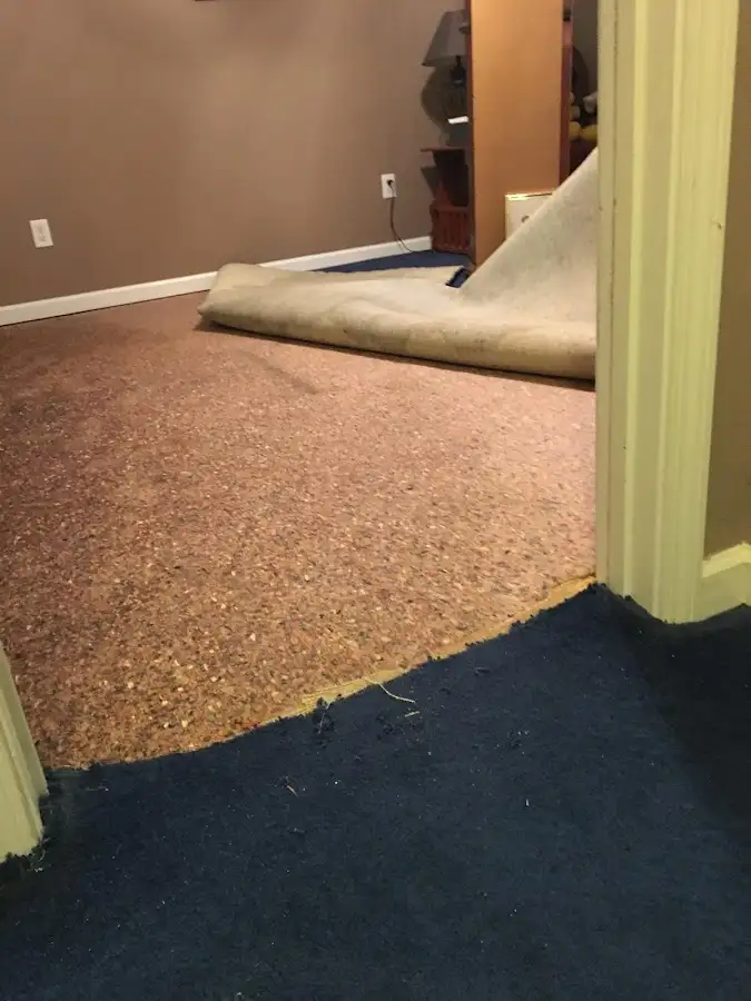Carpet pad removal revealing water damage during Water Mitigation Services in Friendswood
